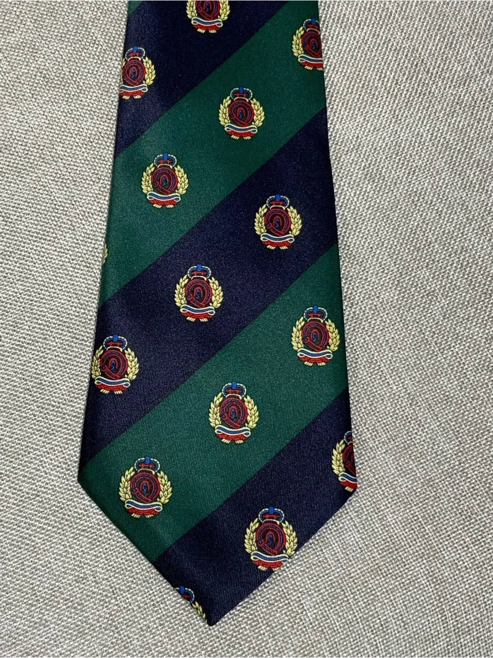 Navy Green Repp Stripe Crest Club Silk Tie Preppy Necktie
